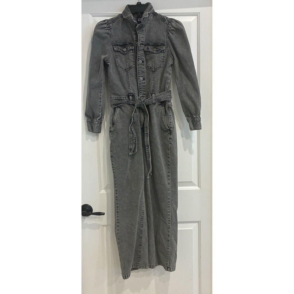 GAP Denim Jumpsuit Size 2P Washed Black Belted Puff Sleeve Button Up Retro 90's - Picture 1 of 10